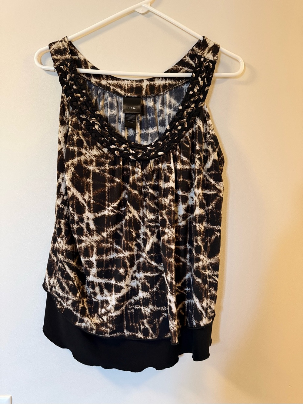 J.T.B Black & White & Brown Braided-Neck Tank Top